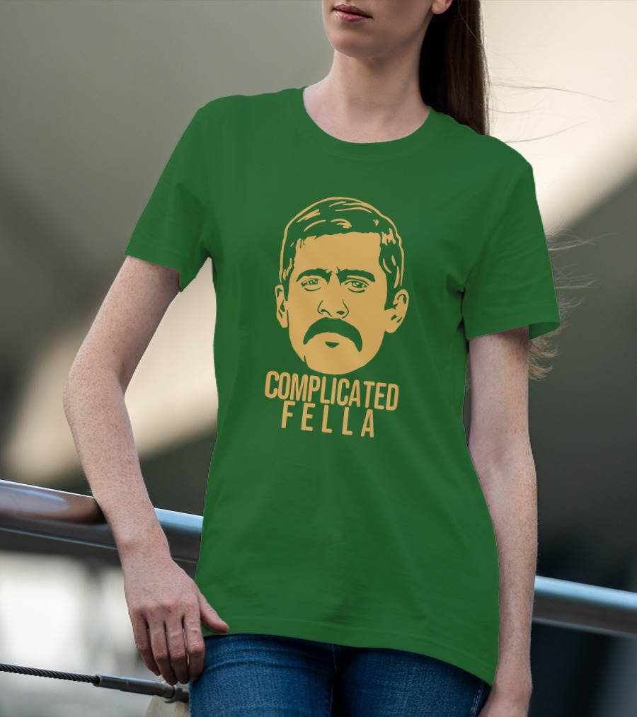 Complicated Fella Graphic With Mustache On Green Background T-Shirt