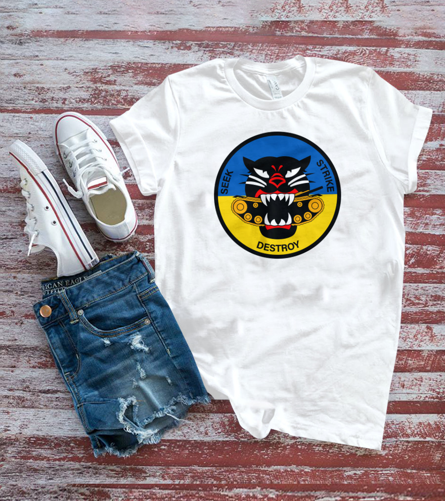 Seek Strike Destroy Panther Emblem With Tank Tracks T-Shirt