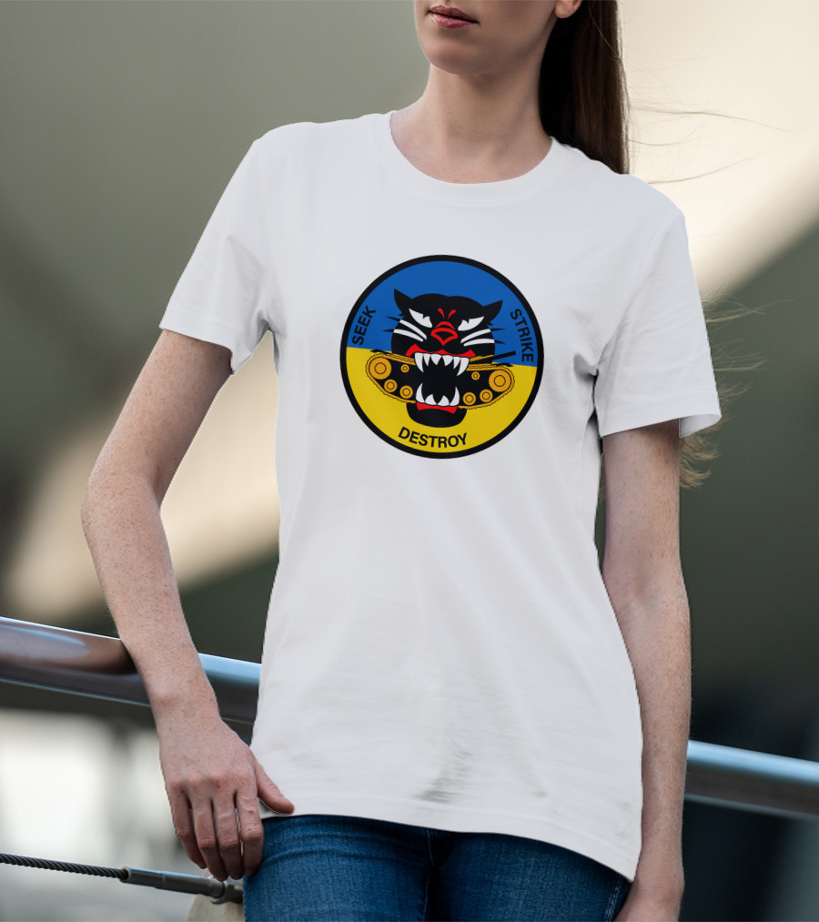 Seek Strike Destroy Panther Emblem With Tank Tracks T-Shirt