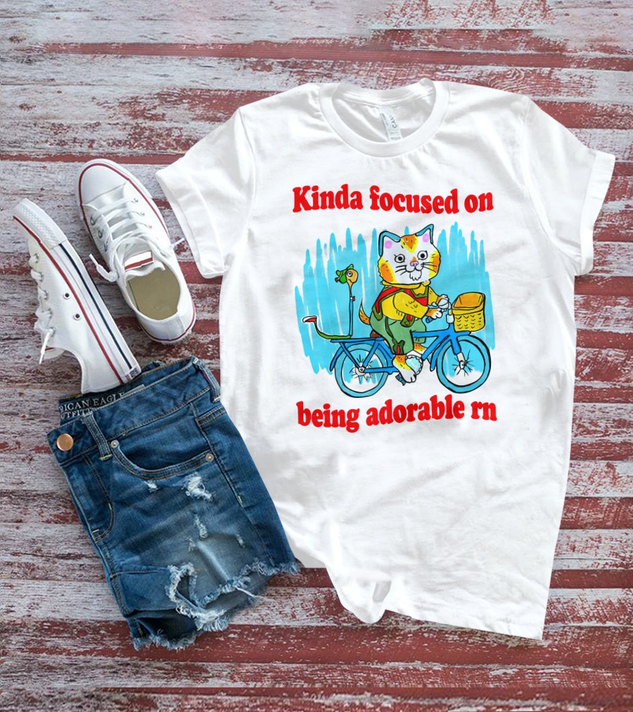 Kinda Focused On Being Adorable Rn Cat Riding Bicycle With Bird Basket T-Shirt