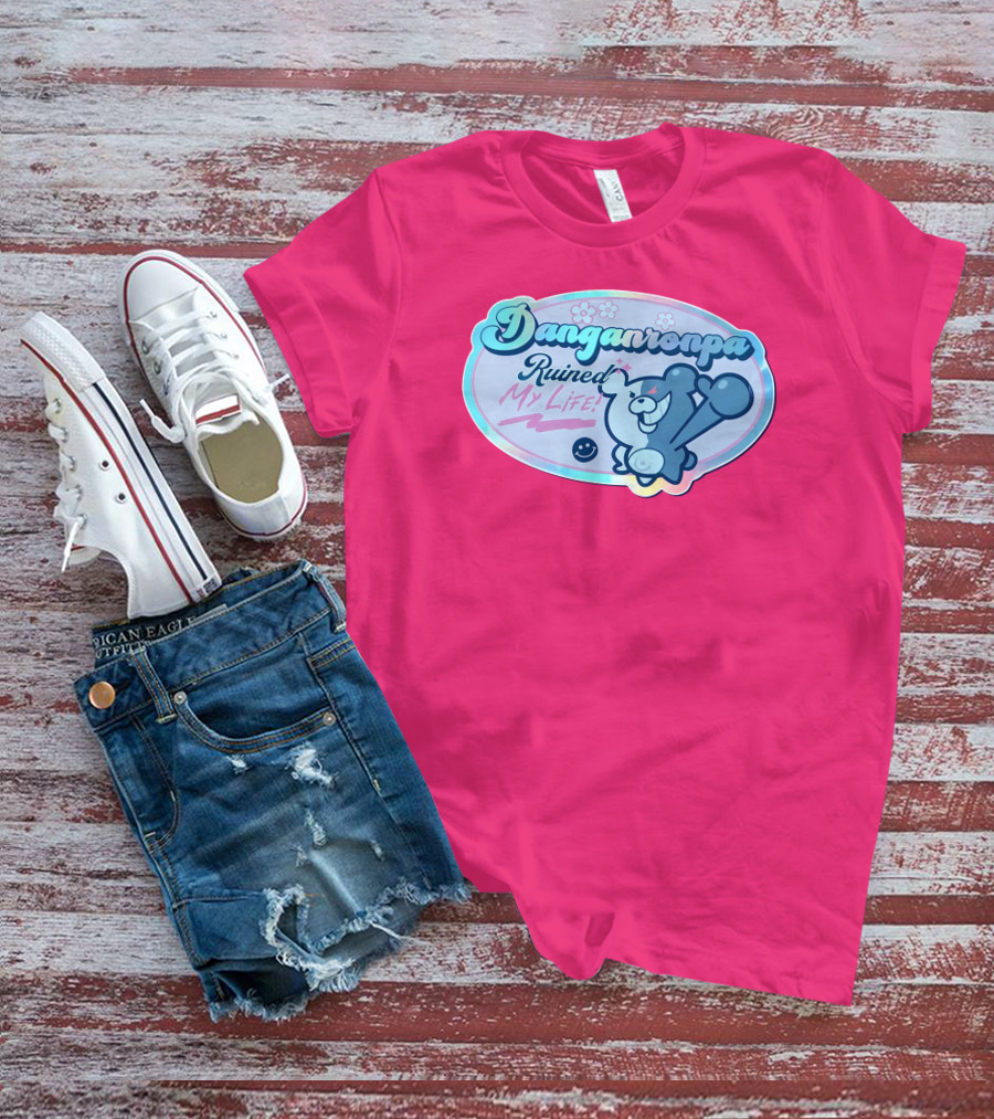 Danganronpa Ruined My Life Monokuma Smiley Pink Flowers T-Shirt