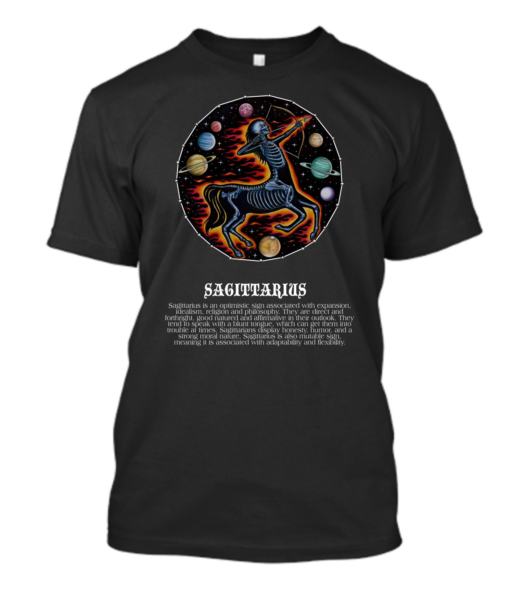 Sagittarius Idealism Religion Philosophy Honesty Humor Zodiac Skeleton Planets T-Shirt