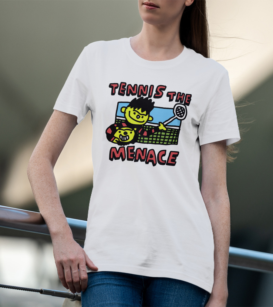 Tennis The Menace Comic Style Tennis Player With Racket T-Shirt