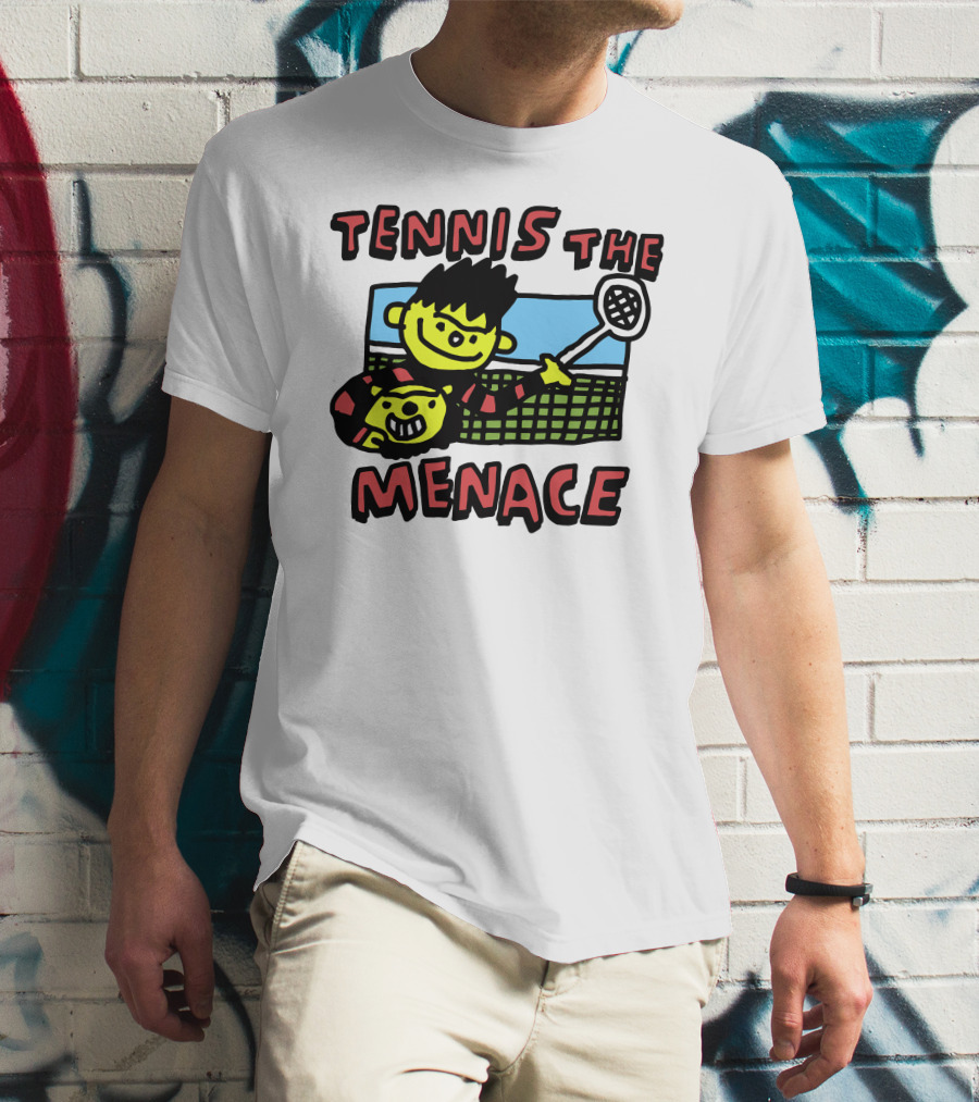 Tennis The Menace Comic Style Tennis Player With Racket T-Shirt