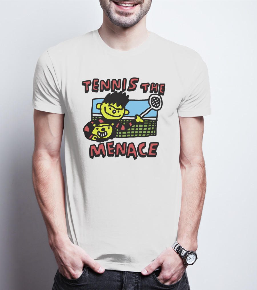Tennis The Menace Comic Style Tennis Player With Racket T-Shirt
