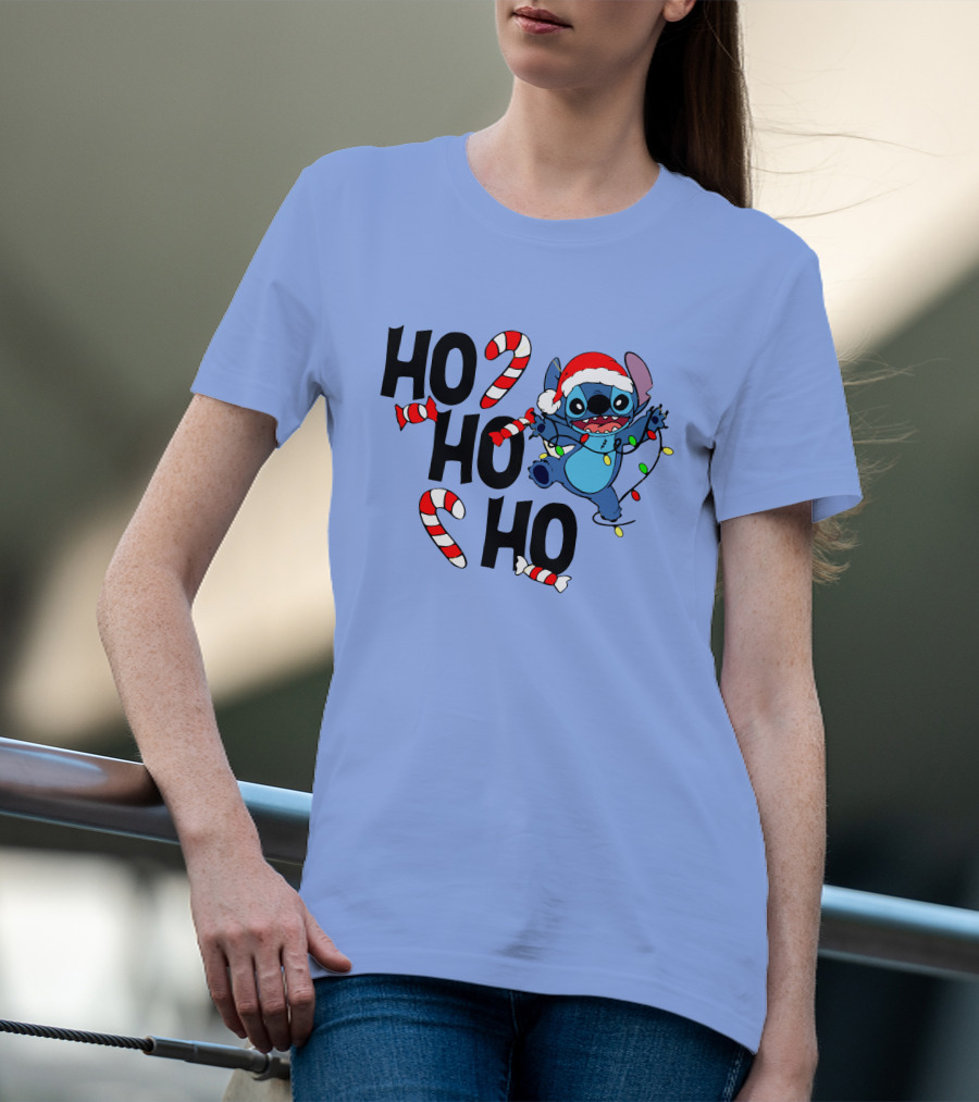 Stitch Ho Ho Ho Christmas Lights And Candy Canes T-Shirt