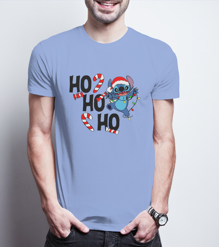Stitch Ho Ho Ho Christmas Lights And Candy Canes T-Shirt