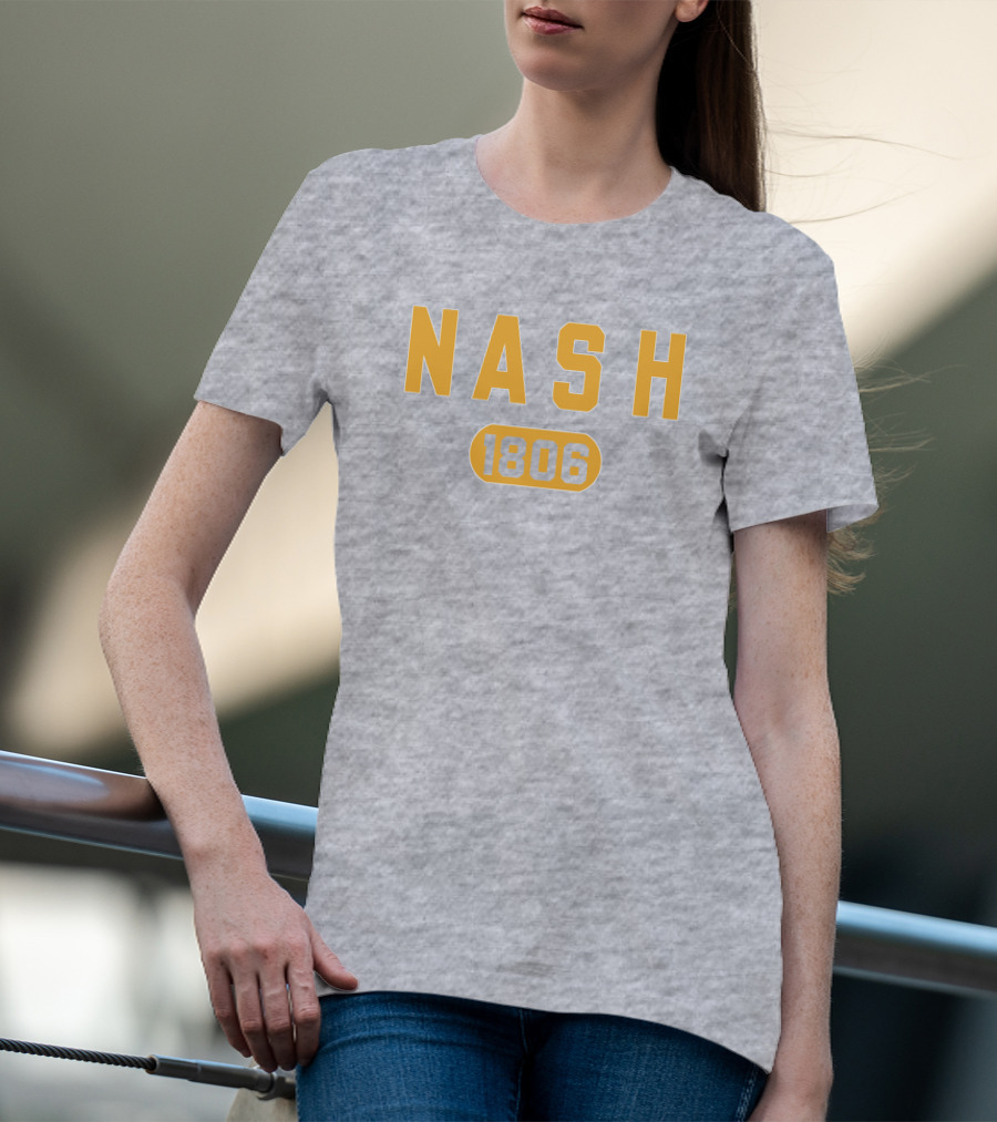 Nash 1806 Retro Varsity Style Yellow Text On Gray Background T-Shirt