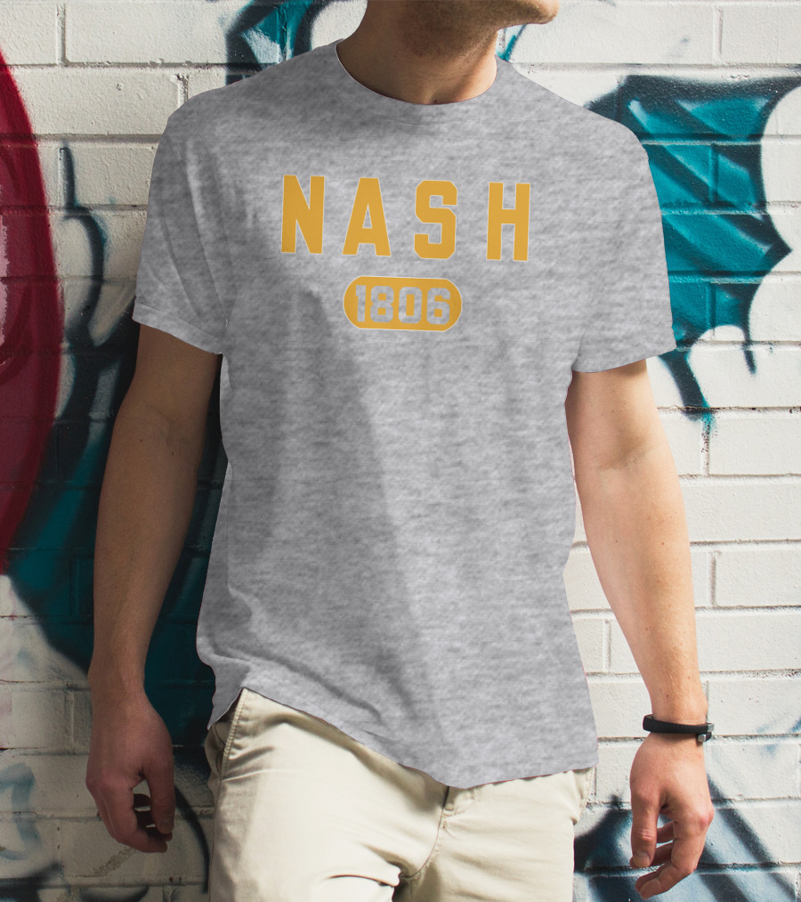Nash 1806 Retro Varsity Style Yellow Text On Gray Background T-Shirt