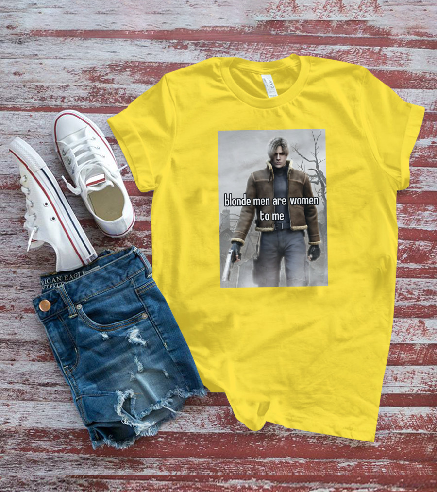Blonde Men Are Women To Me Resident Video Game Character Brown Jacket Gun T-Shirt