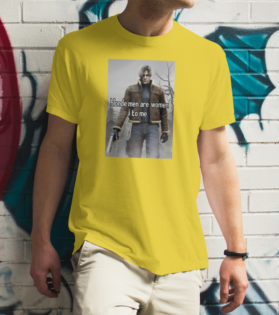 Blonde Men Are Women To Me Resident Video Game Character Brown Jacket Gun T-Shirt