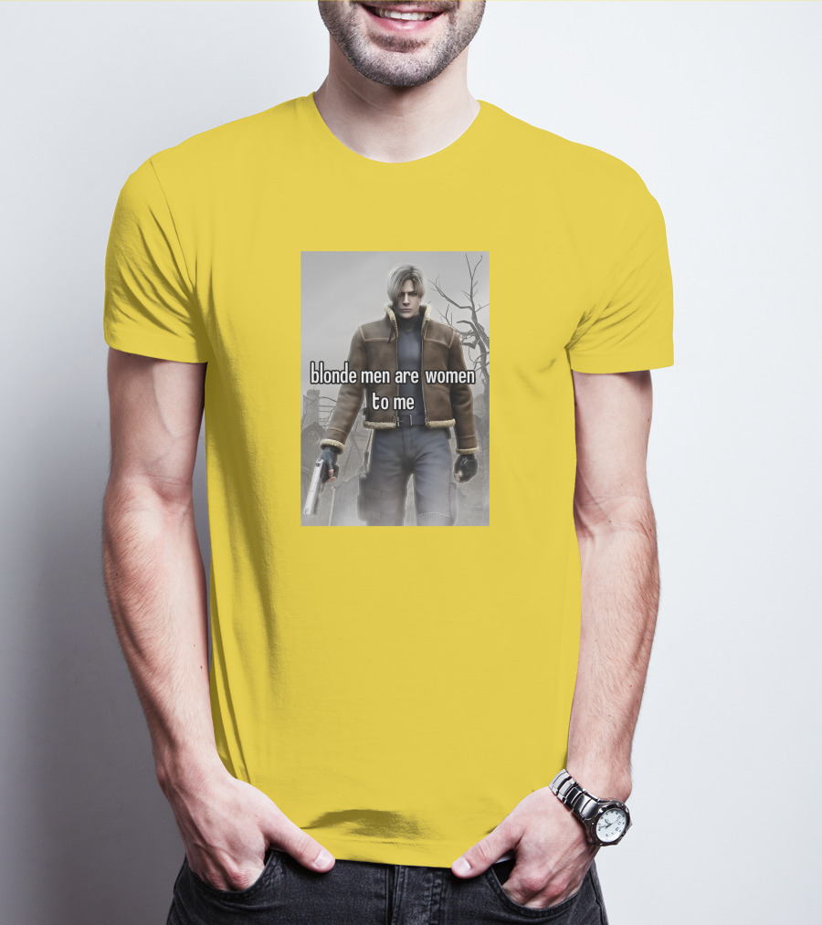 Blonde Men Are Women To Me Resident Video Game Character Brown Jacket Gun T-Shirt