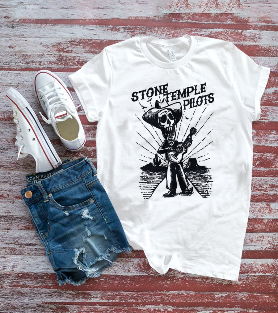 STONE TEMPLE PILOTS Skeleton Cowboy Playing Guitar Desert Scene T-Shirt