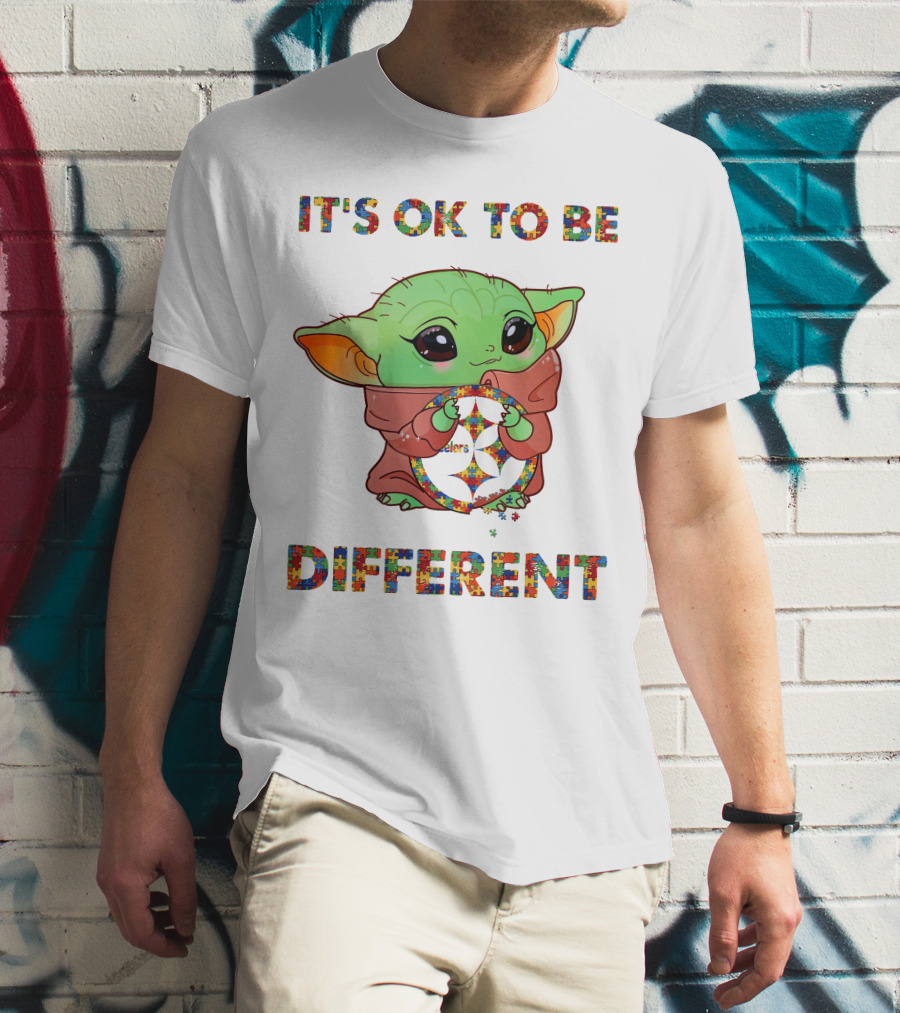 It's Ok To Be Different Baby Yoda Holding Pittsburgh Steelers T-Shirt