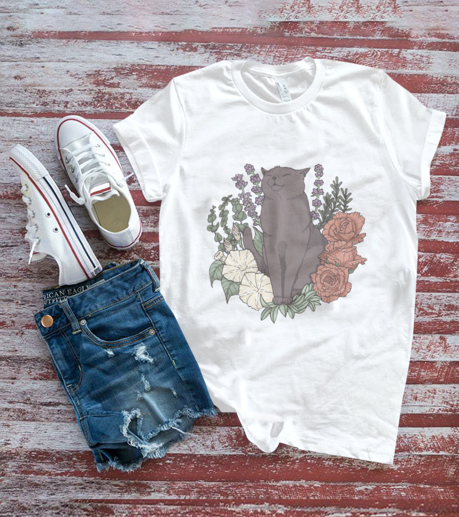 Blissful Cat Surrounded By Autumn Floral Breeze T-Shirt
