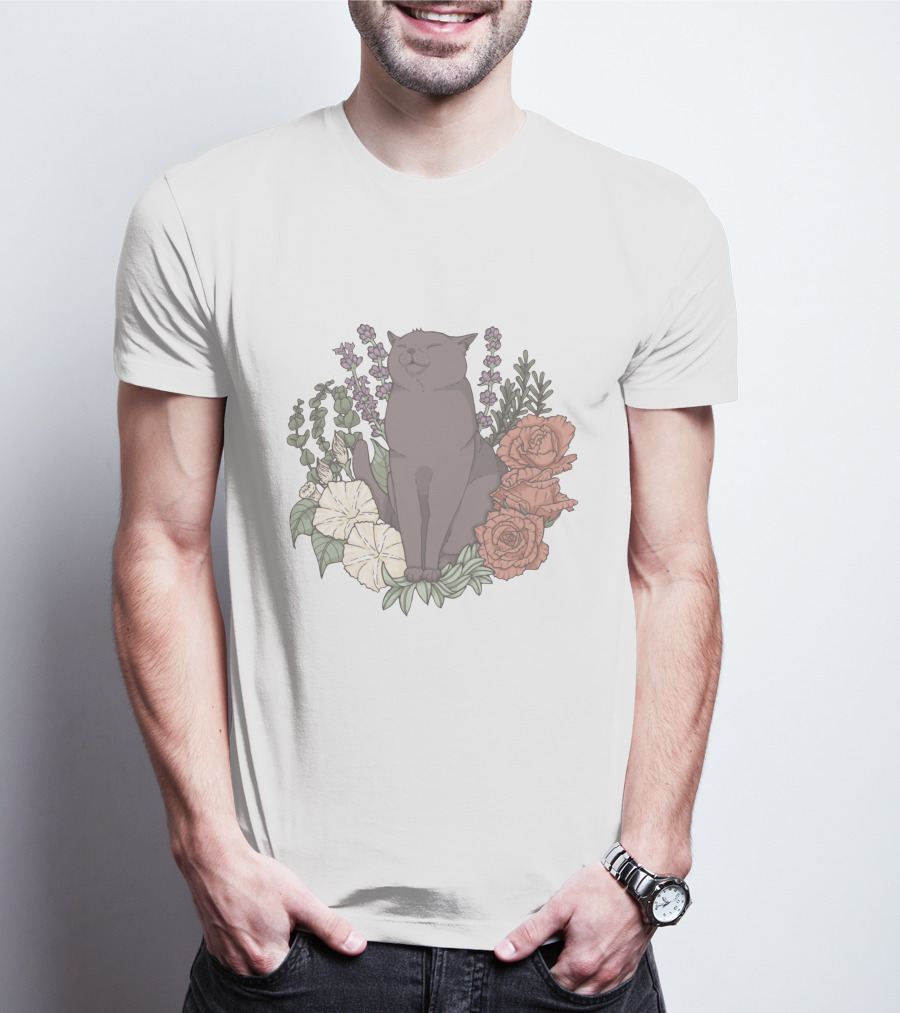 Blissful Cat Surrounded By Autumn Floral Breeze T-Shirt