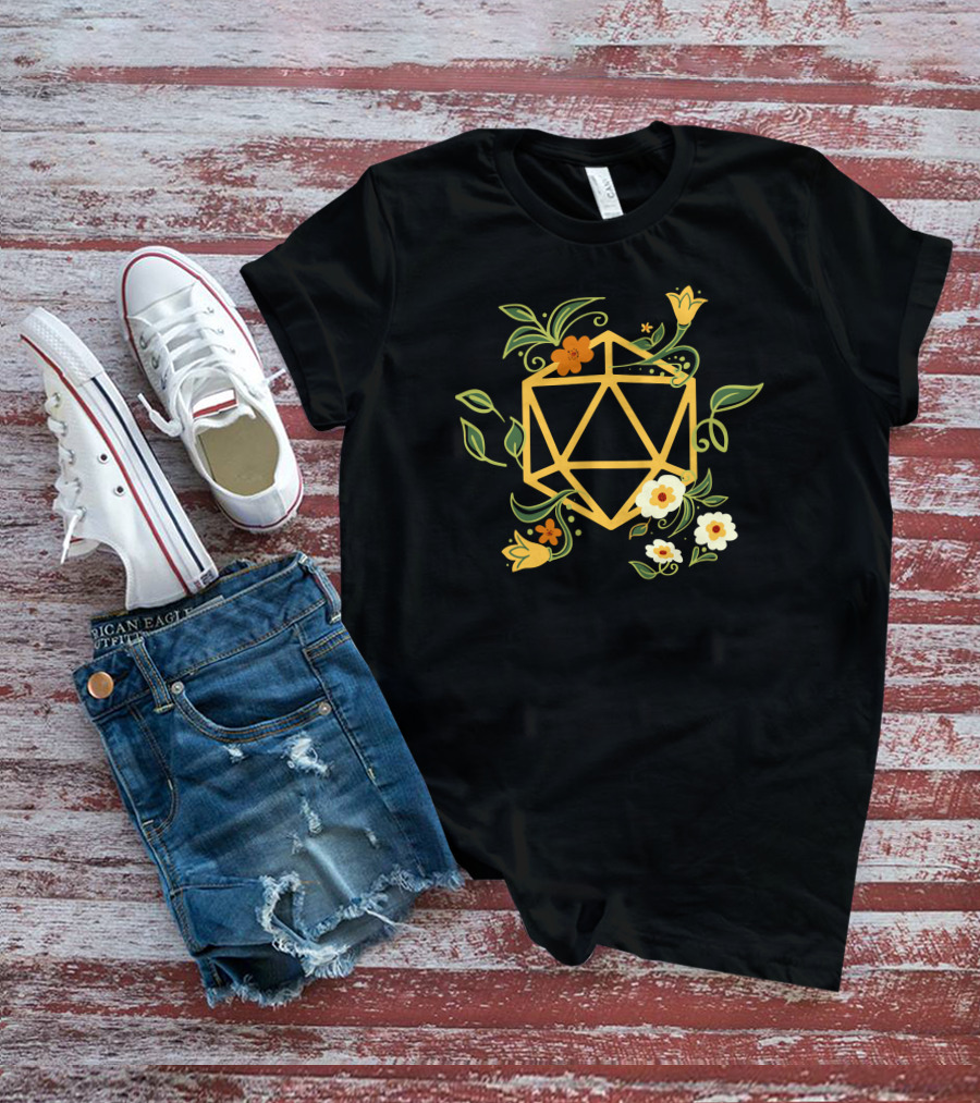 Geeky Polyhedral D20 Dice Set With Floral Plant Elements T-Shirt
