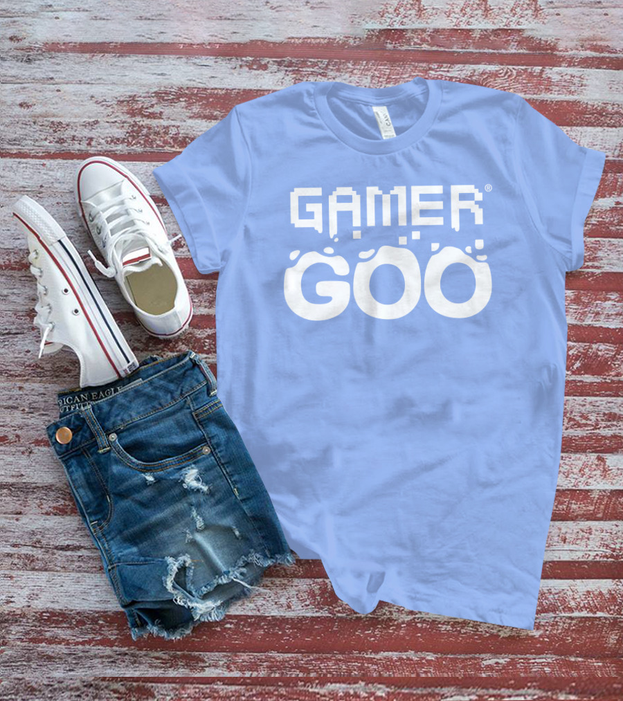 Gamer Goo Retro Pixel Font Blue Background T-Shirt