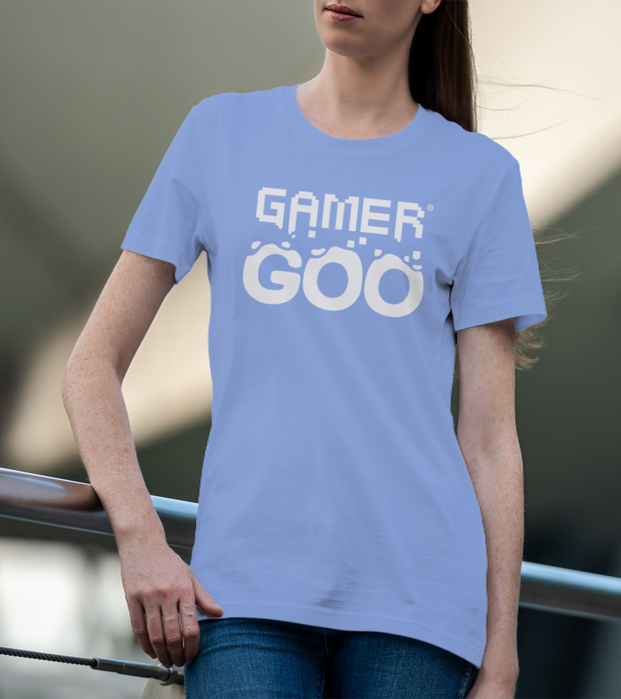 Gamer Goo Retro Pixel Font Blue Background T-Shirt