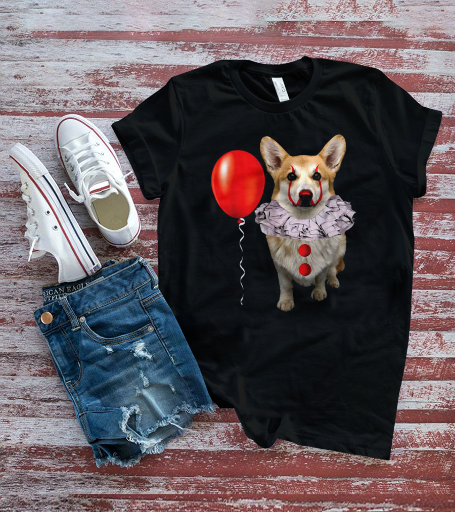 Red Balloon Corgi Scary Clown Funny Costume T-Shirt