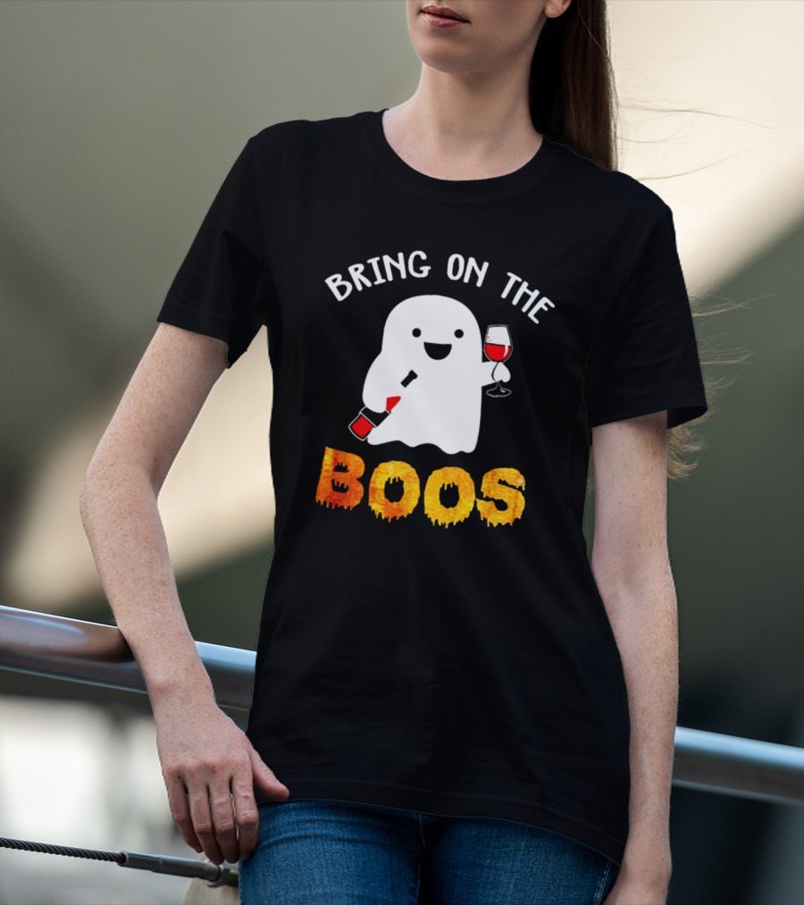 Bring On The Boos Funny Wine Ghost Holding Bottle And Glass Of Red Wine T-Shirt