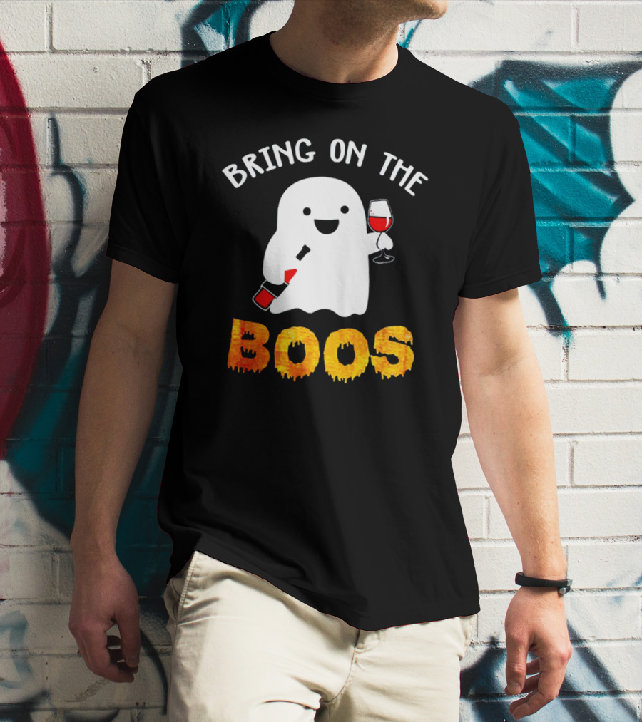 Bring On The Boos Funny Wine Ghost Holding Bottle And Glass Of Red Wine T-Shirt