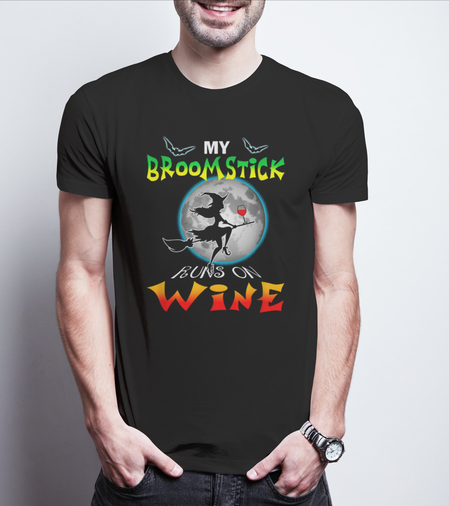 My Broomstick Runs On Wine Halloween Wine Lover Moon And Witch T-Shirt