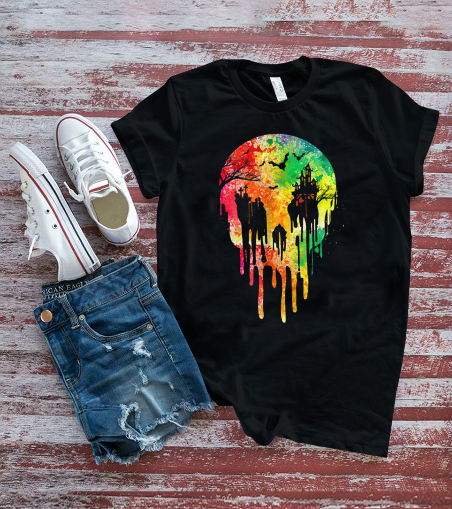 Melting Skull Colorful Night With Haunted Trees And Bats T-Shirt