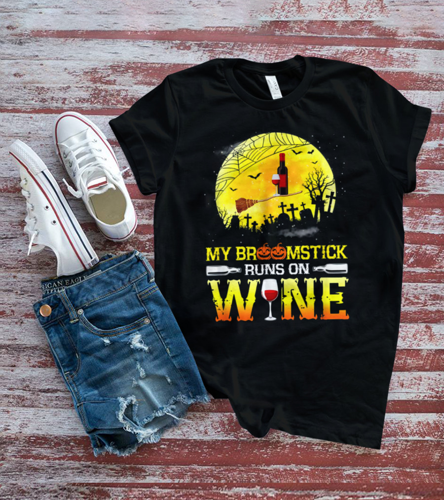 My Broomstick Runs On Wine Halloween Moon Pumpkins Graveyard Scene T-Shirt