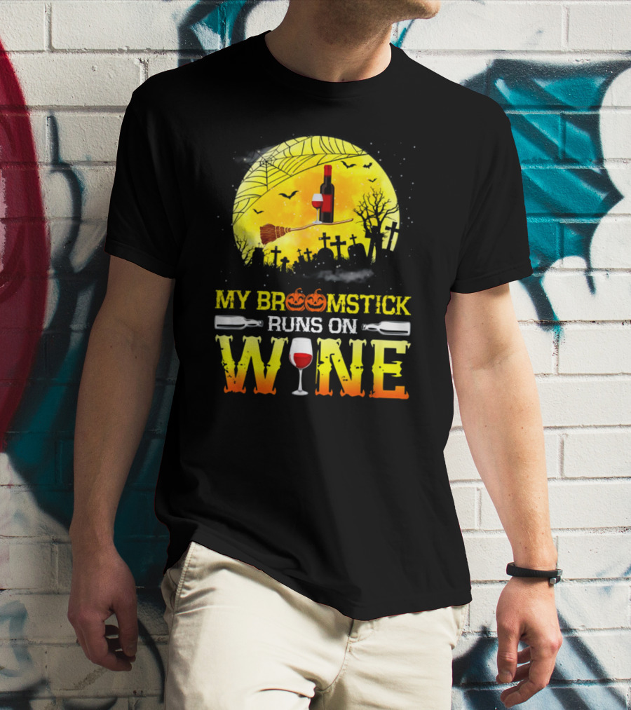 My Broomstick Runs On Wine Halloween Moon Pumpkins Graveyard Scene T-Shirt