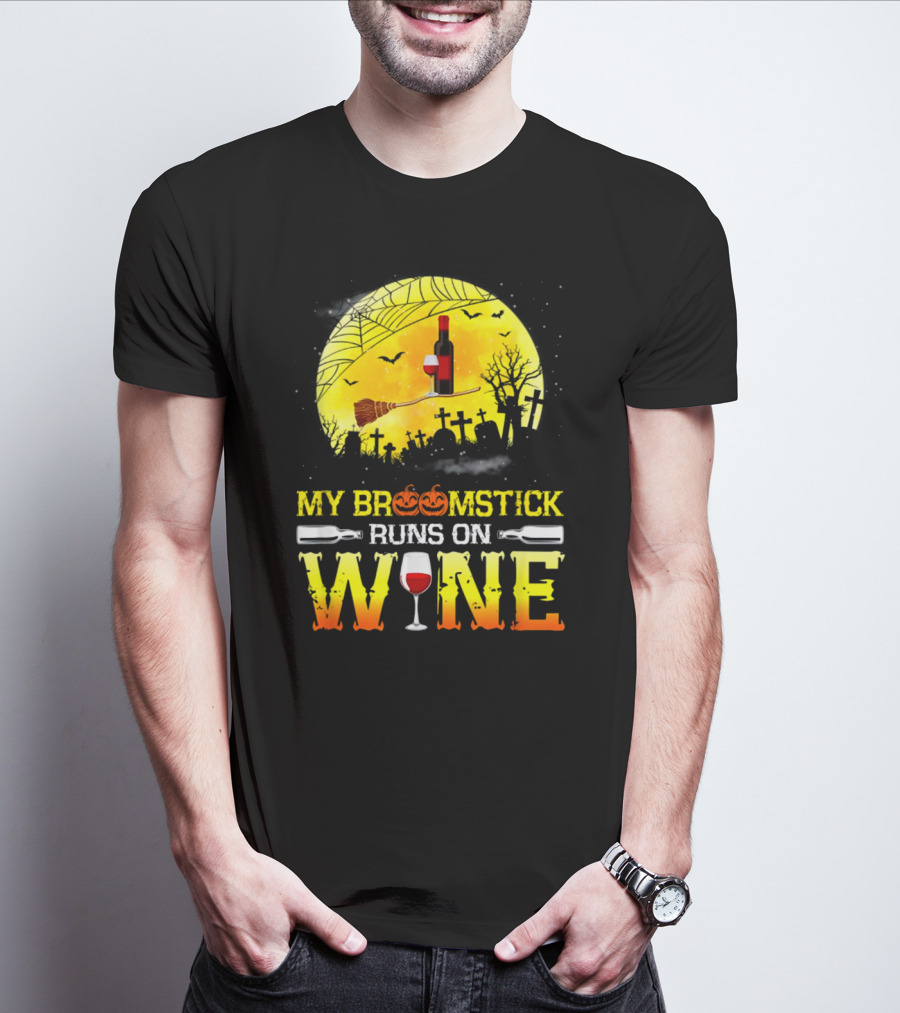 My Broomstick Runs On Wine Halloween Moon Pumpkins Graveyard Scene T-Shirt