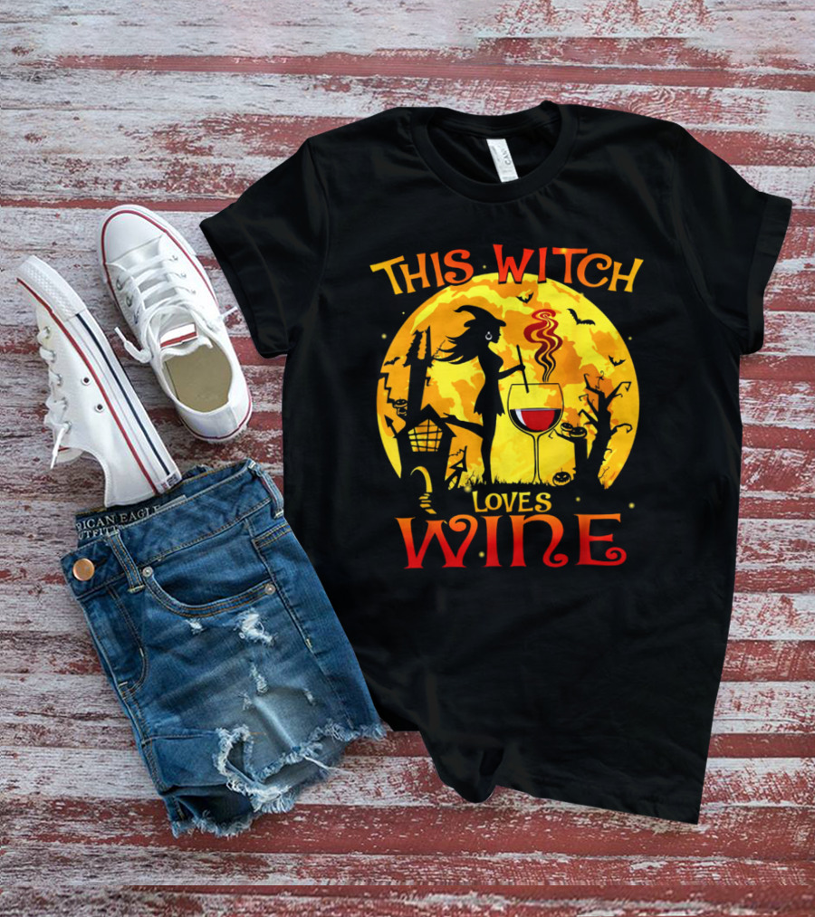 Witch Silhouette Enjoying Wine In Halloween Scene With Full Moon And Bats T-Shirt