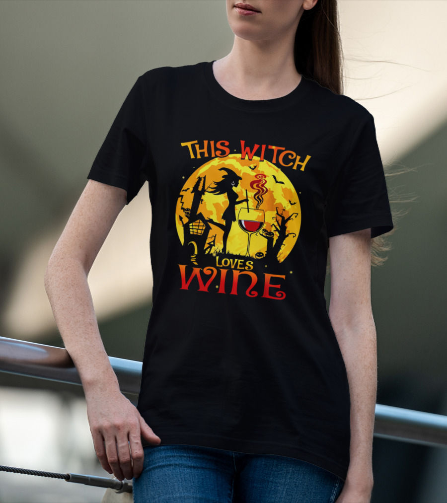 Witch Silhouette Enjoying Wine In Halloween Scene With Full Moon And Bats T-Shirt