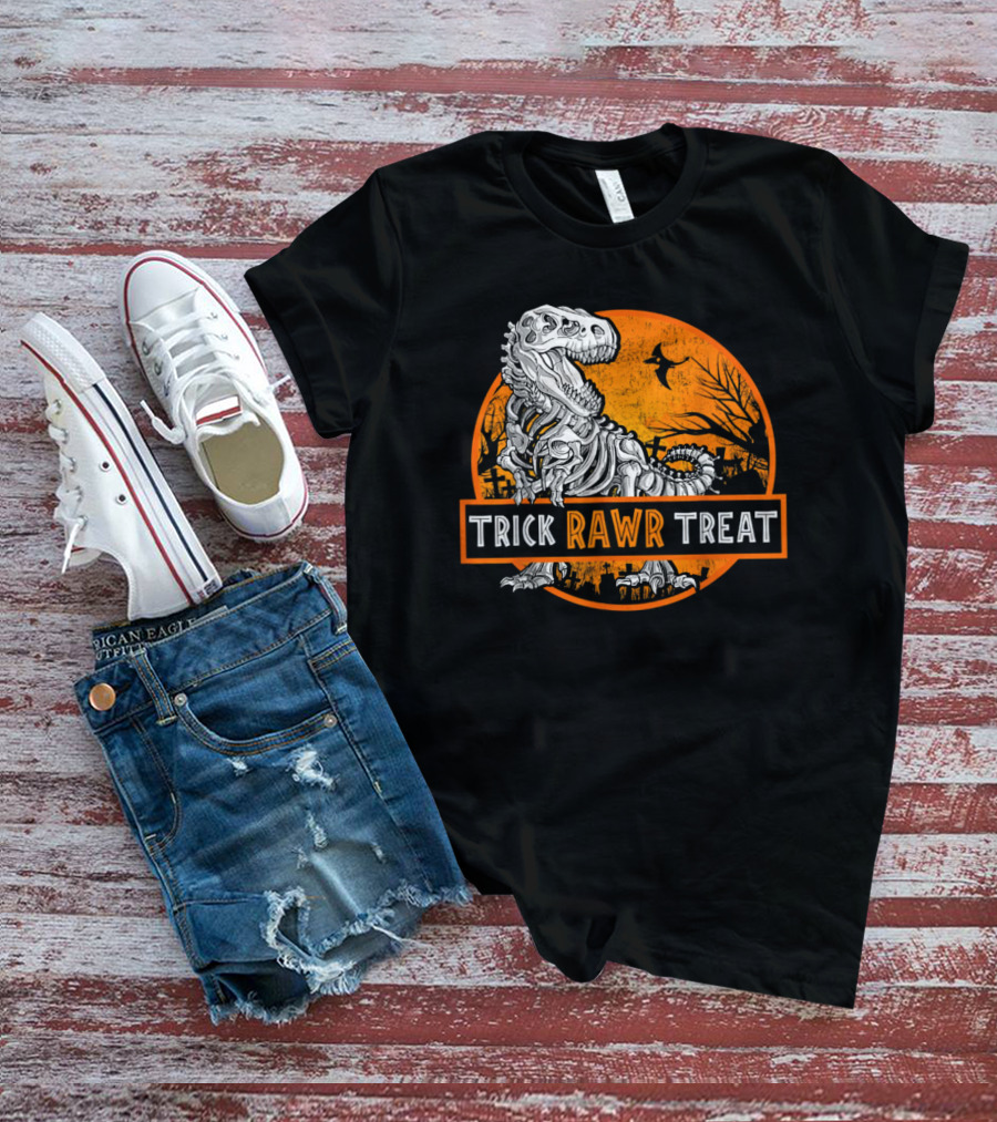 Trick Rawr Treat Halloween Skeleton T-Rex With Spooky Orange Background T-Shirt