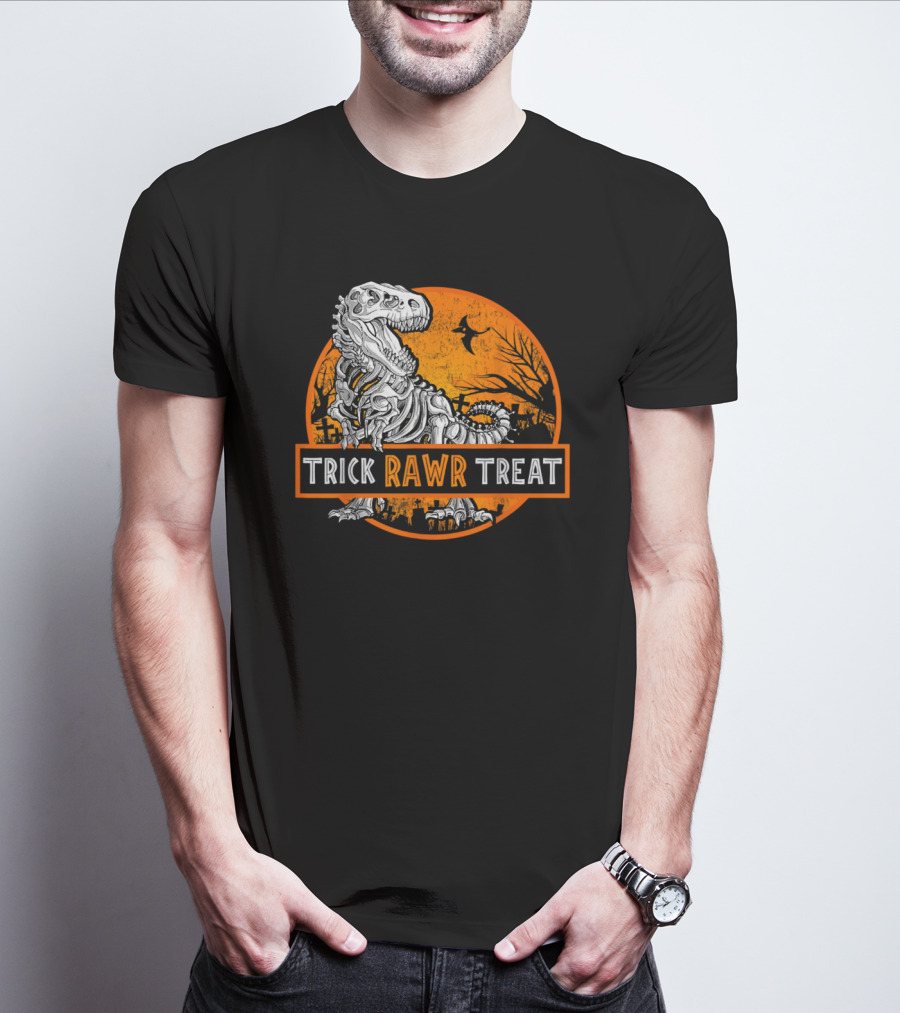 Trick Rawr Treat Halloween Skeleton T-Rex With Spooky Orange Background T-Shirt