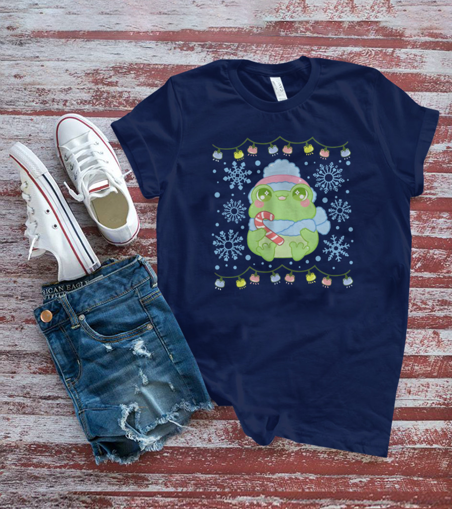 Merry Frogmas Cute Winter Frog With Candy Cane And Snowflakes T-Shirt