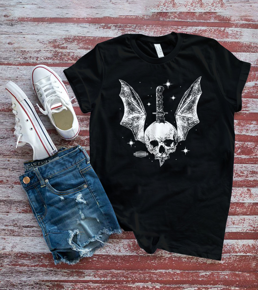 Teamsesh Skull With Bat Wings And Knife Starry Background T-Shirt