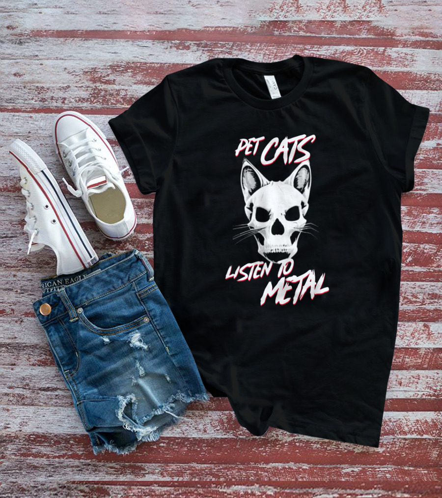 Pet Cats Listen To Metal Skull Cat Head T-Shirt