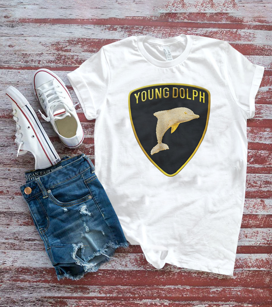 Young Dolph Rich Slave Emblem Gold Dolphin Badge T-Shirt