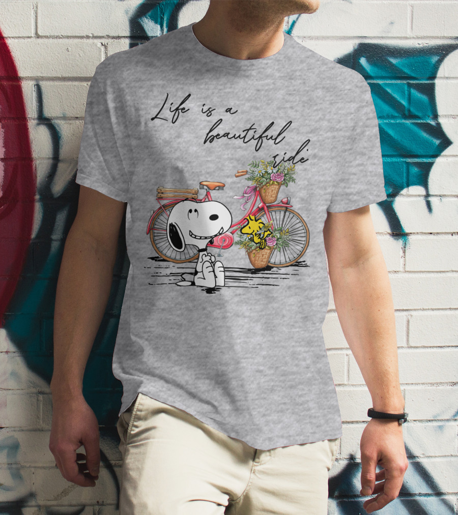 Life Is A Beautiful Ride With Snoopy And Woodstock On Floral Bicycle T-Shirt