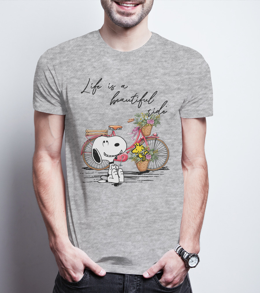 Life Is A Beautiful Ride With Snoopy And Woodstock On Floral Bicycle T-Shirt