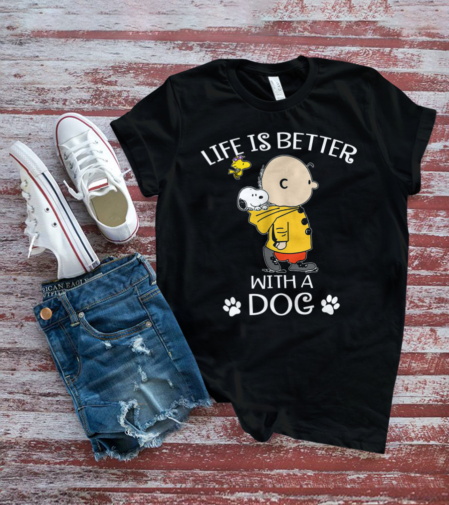 Life Is Better With A Dog Snoopy Charlie Brown Woodstock Paw Prints T-Shirt