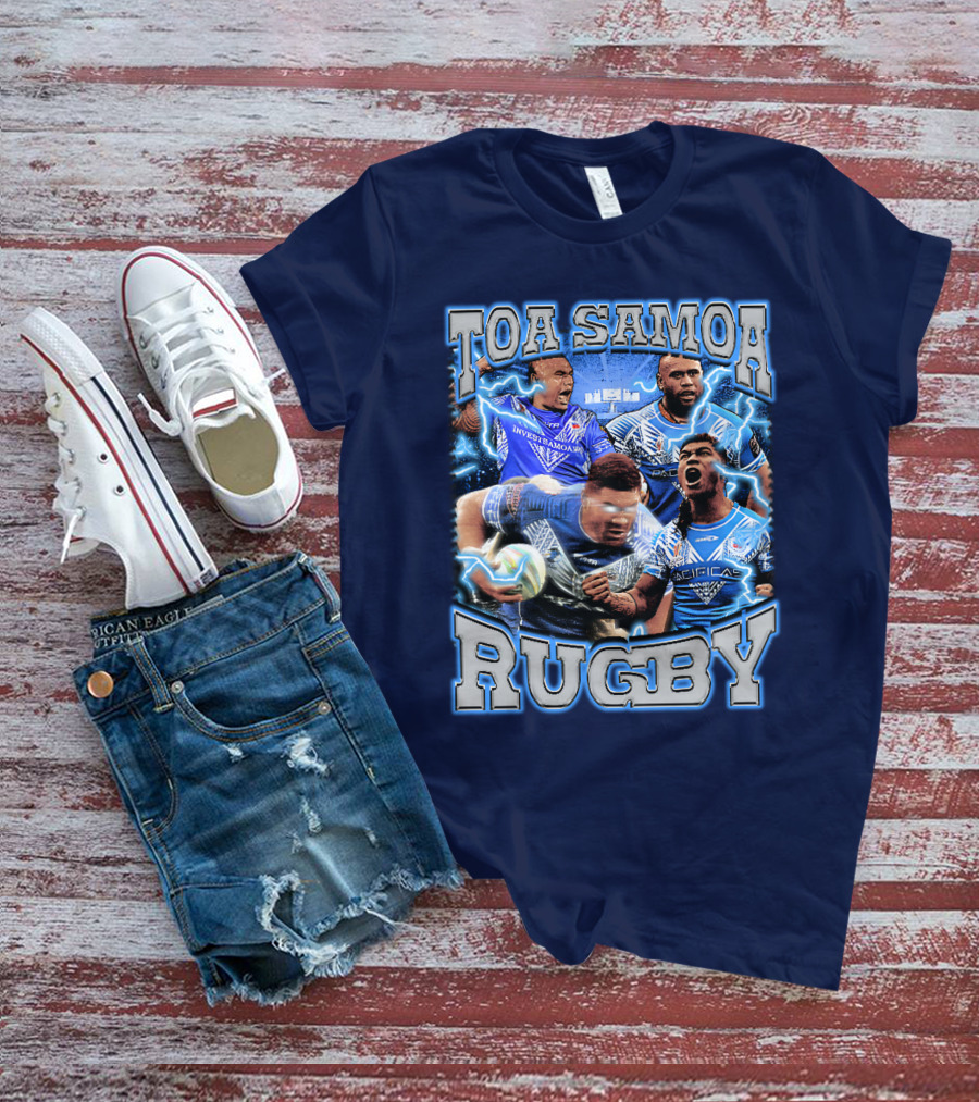 Toa Samoa Rugby Blue Jersey Action Lightning Background T-Shirt