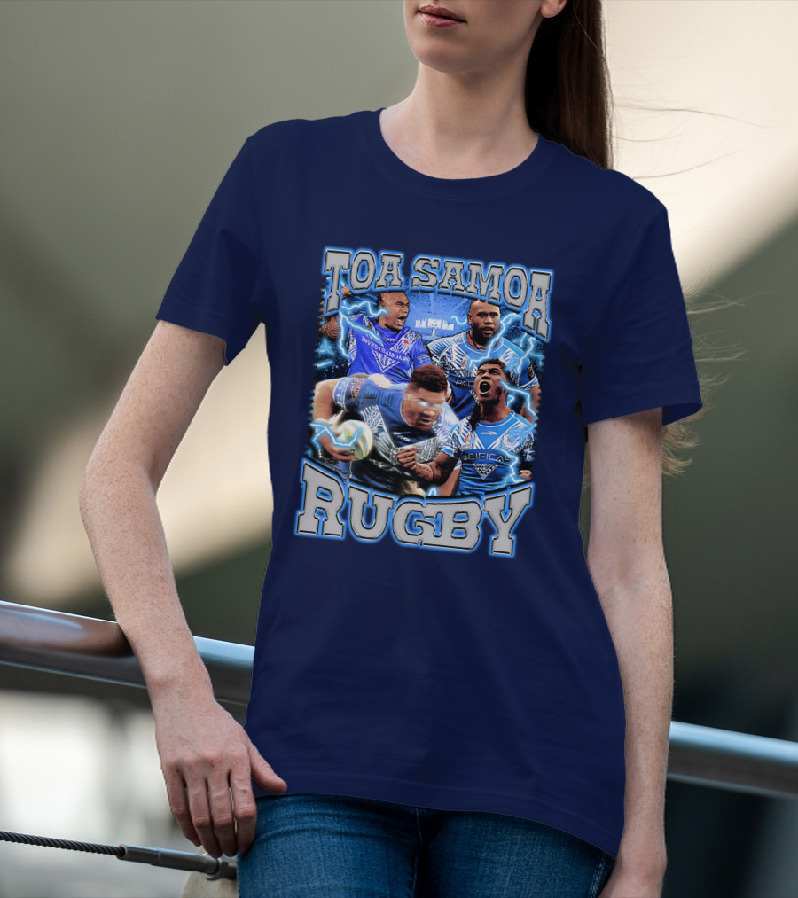 Toa Samoa Rugby Blue Jersey Action Lightning Background T-Shirt