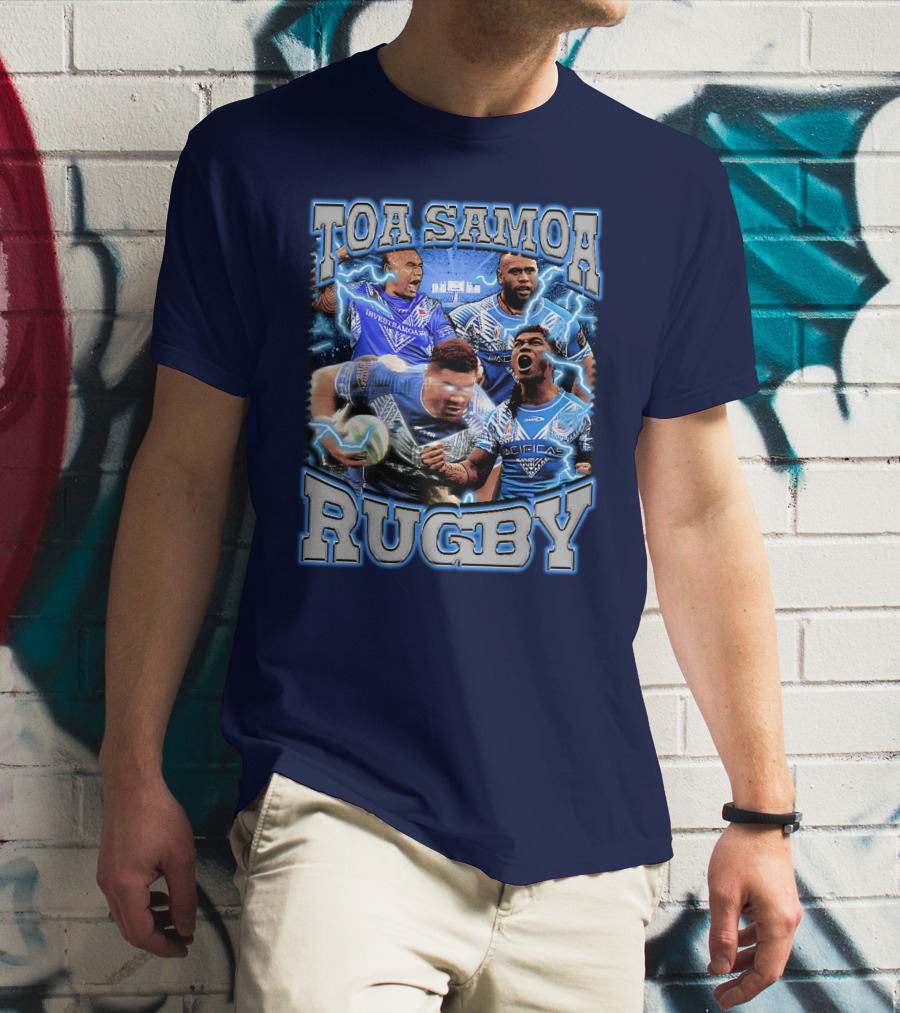 Toa Samoa Rugby Blue Jersey Action Lightning Background T-Shirt