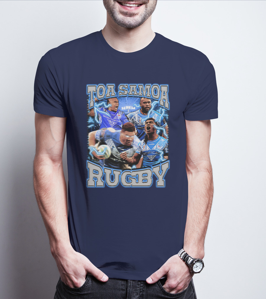 Toa Samoa Rugby Blue Jersey Action Lightning Background T-Shirt
