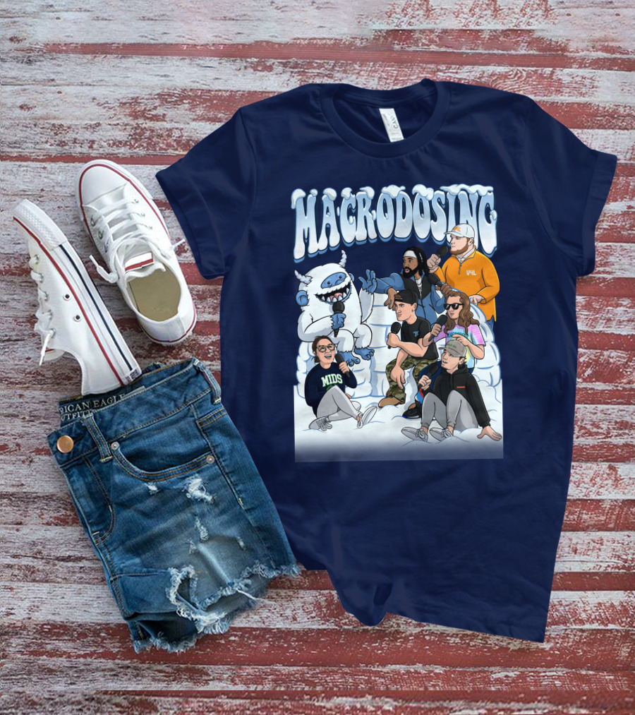 Macrodosing Yeti Podcast Group In Ice Fortress Scene With Microphones And Laughter T-Shirt