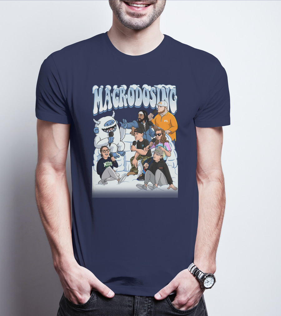 Macrodosing Yeti Podcast Group In Ice Fortress Scene With Microphones And Laughter T-Shirt