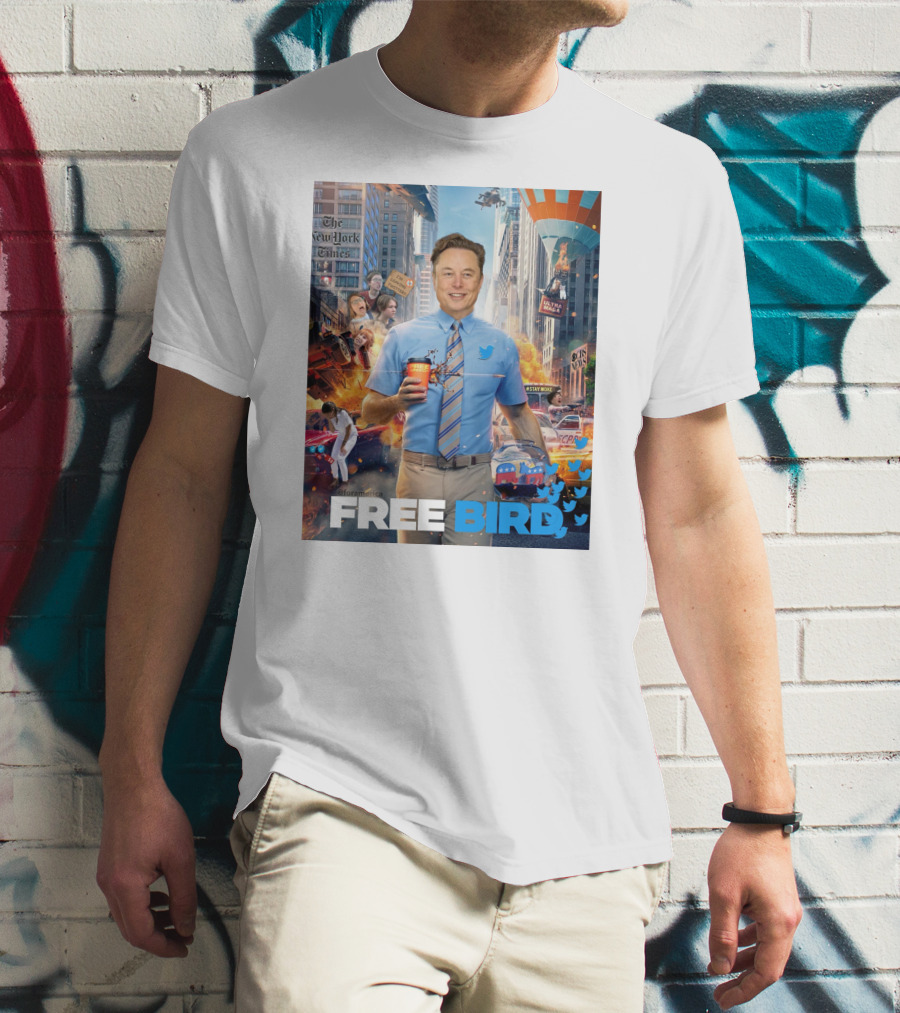 Elon Musk Free Bird I'm Leaving Twitter Chaos Explosion Cityscape Car Plane Twitter T-Shirt