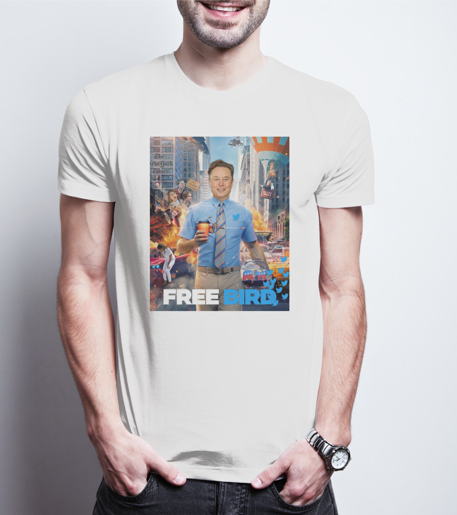 Elon Musk Free Bird I'm Leaving Twitter Chaos Explosion Cityscape Car Plane Twitter T-Shirt